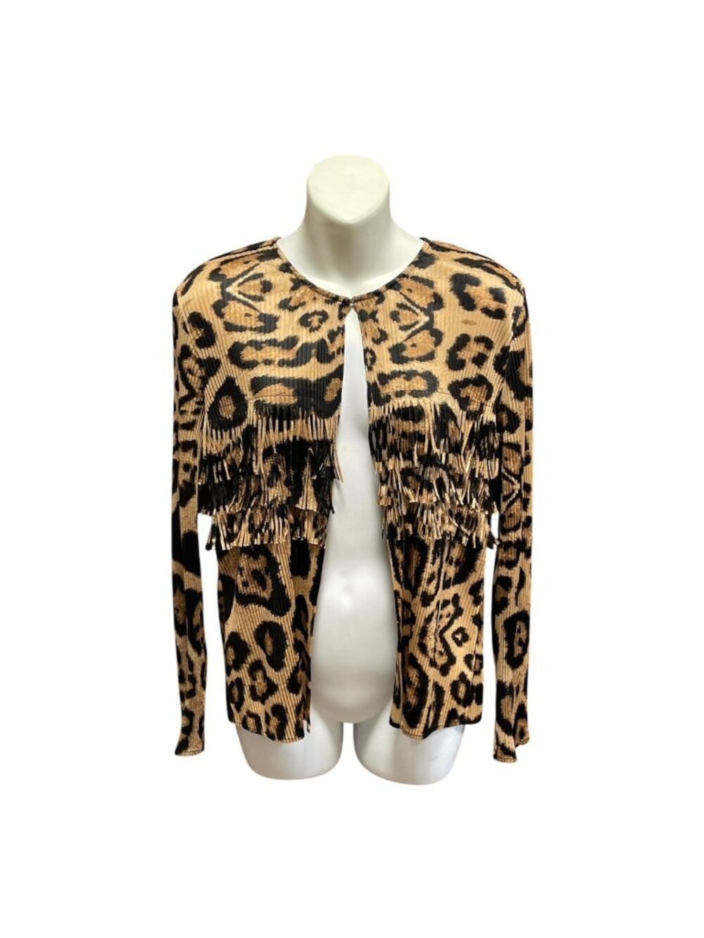 Chico's Collection 1 (Med) Leopard Cheetah Print Fringe Crinkle Cardigan Jacket